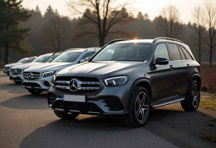 Mercedes-Benz Unfallfahrzeuge, darunter C-Klasse, E-Klasse und GLC Modelle mit sichtbaren Schäden, aufgereiht auf dem Gelände eines Autoankaufs im Jahr 2024.